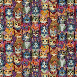May include: A repeating pattern of stylized cat portraits featuring a vibrant array of colors including orange, blue, purple, and green. Each cat is depicted with distinct facial markings, large eyes, and decorative collars against a dark background.