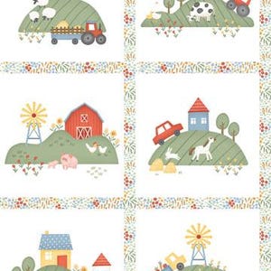 May include: Fabric panel with illustrated farm scenes. Each scene includes a windmill, a barn, and farm animals such as cows, sheep, and pigs. The design has a floral border and the text "RUNNING YARDAGE" at the top.