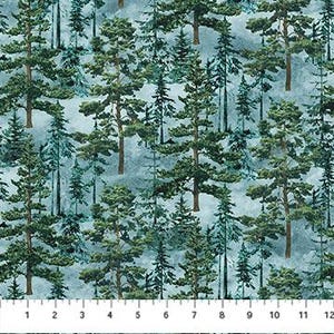 May include: A blue and green watercolor pattern featuring a repeating design of pine trees in a forest setting.