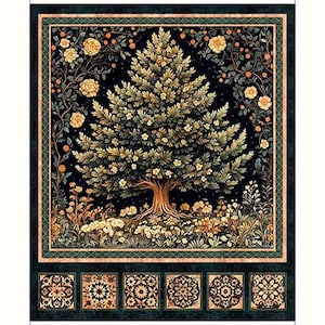 Op de afbeelding: Een rechthoekig stoffen paneel met een centrale boom met gouden bladeren en witte bloemen tegen een donkere achtergrond. De boom is omringd door klimrozen en wilde bloemen. De onderste rand toont zes vierkante tegels met complexe patronen.