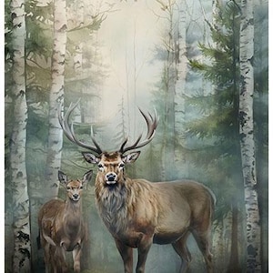 Peut inclure: Peinture d'un cerf majestueux avec de grands bois et d'un petit cerf dans une forêt brumeuse. L'œuvre présente des bouleaux et des conifères, avec des oiseaux en arrière-plan. La palette de couleurs comprend des nuances de marron, de vert et de blanc.