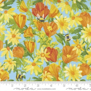 May include: A fabric pattern featuring a light blue background with a repeating floral design. The design includes yellow daisies, orange tulips, green leaves, and cartoon bees. The fabric is marked with a ruler along the bottom.