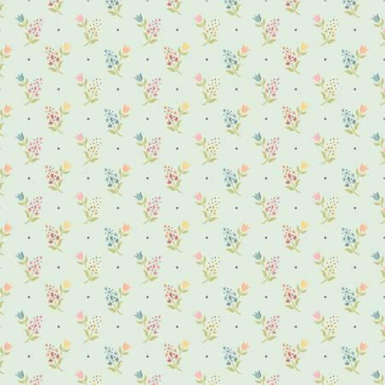 May include: A repeating pattern of small floral bouquets in pastel colors, including pink, yellow, blue, and peach, on a light green background. Each bouquet is accompanied by small black dots, creating a delicate and charming design.