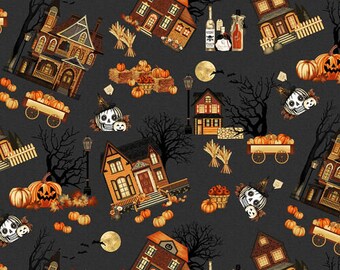 Henry Glass の Haunted Village Toss ハロウィーン生地 2799-99 米国