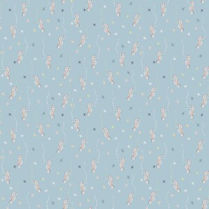 May include: A repeating pattern of seahorses, stars, and bubbles on a light blue background. The seahorses are white with orange details, and the stars are in shades of yellow, pink, and gray. The bubbles are white.