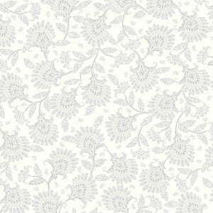 May include: A seamless pattern featuring a floral design with gray and white elements. The pattern includes stylized flowers, leaves, and stems, creating a delicate and intricate design. The background is a soft white color.