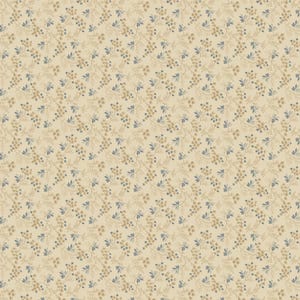 May include: A repeating pattern of small floral sprigs in shades of beige, tan, and blue on a cream background. The design features delicate leaves and clusters of tiny flowers, creating a vintage or cottagecore aesthetic.