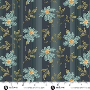 May include: Fabric with a floral pattern featuring large, stylized blue flowers with orange centers and green leaves. The flowers and leaves are set against a dark blue background with vertical stripes. The fabric has a vintage or botanical theme.