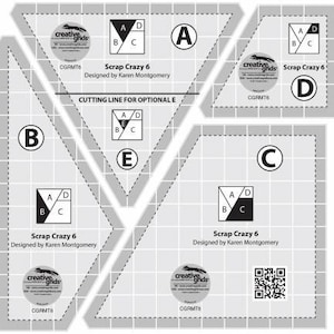 May include: A black and white diagram with a grid pattern and letters A, B, C, D, and E. The diagram is labeled "Scrap Crazy 6" and "Designed by Karen Montgomery".