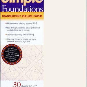 May include: A package of 30 sheets of translucent vellum paper for quilting. The paper is 8 1/2 inches by 11 inches and is designed for use with quilting foundations. The package has a white background with a blue and yellow border. The text "Simple Foundations Translucent Vellum Paper" is printed in black on the front of the package.