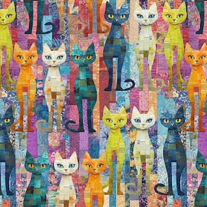 May include: A vibrant patchwork quilt showcasing stylized cat figures in shades of orange, blue, green, and white. The cats have geometric designs and are set against a backdrop of vertical stripes in bright colours.