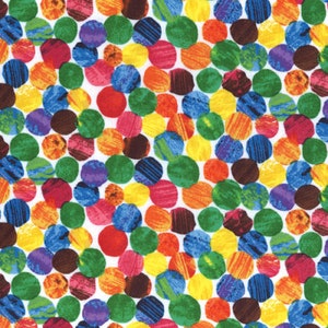 May include: A colourful fabric with a repeating pattern of textured circles. The circles are in shades of red, orange, yellow, green, blue, purple, and brown, set against a white background. The design is reminiscent of a children's book illustration.