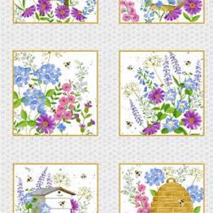 May include: A white fabric with a repeating pattern of beehives, flowers, and bees. The beehives are in various shades of brown and yellow, and the flowers are in shades of pink, purple, and blue. The bees are black and yellow. The fabric is ideal for quilting, crafting, and other sewing projects.