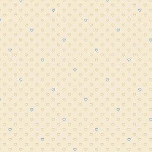 以下が含まれることがあります： 薄いタン色の小さなアウトラインのハートが繰り返されるパターン。一部のハートは濃いタン色で塗りつぶされ、他のハートは青色で塗りつぶされています。ハートは背景全体に均等に配置されています。