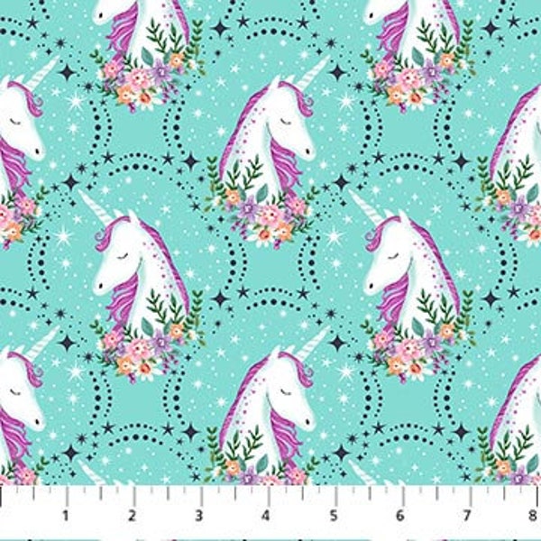 Unicorn Dreams aqua heads 26843-64 by Northcott Fabrics