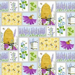 May include: A repeating pattern with a bee theme. The design includes images of beehives, bees, purple flowers, lavender, honeycomb, and small white houses, set against a light blue background. The overall aesthetic is whimsical and nature-inspired.