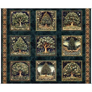 May include: A fabric panel featuring a grid of nine square illustrations of various trees, including deciduous and coniferous species, set against a dark green background with decorative vertical borders in orange and black patterns.
