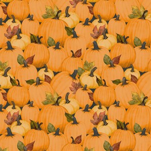 Peut inclure: Motif répété de citrouilles orange et jaunes avec des feuilles vertes et marron. Les citrouilles varient en taille et sont disposées de près, créant un motif dense et automnal. Le fond est bleu marine foncé.