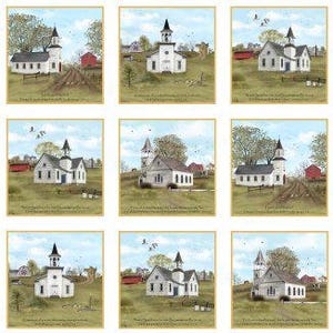 May include: A collection of framed art prints featuring quaint white churches with black steeples, set against a backdrop of green fields, trees, and a blue sky. Each print includes a red barn and a dirt road.