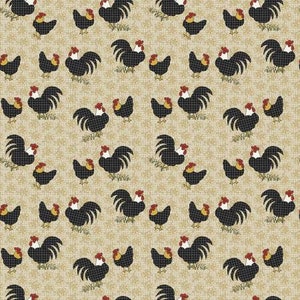 May include: A seamless pattern featuring black and white roosters on a beige background. The roosters are in various poses, some with their wings spread and others with their tails fanned out. The pattern is perfect for fabric, wallpaper, or other decorative projects.