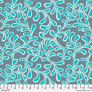 Puede incluir: Patrón floral estilizado azul turquesa sobre fondo gris. El patrón es un diseño repetitivo de hojas y ramas.