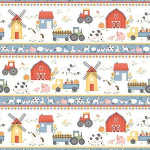 Puede incluir: Una tela con estampado repetido con temática de granja. El diseño incluye graneros rojos, molinos de viento, tractores, cerdos, vacas y camiones que transportan calabazas. Las palabras "RUNNING YARDAGE" están en la parte superior. La paleta de colores es principalmente blanca, roja, amarilla y azul.