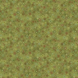 Op de afbeelding: Een groene stof met een herhalend patroon van kleine, veelkleurige bloemenmotieven. De stof heeft een subtiele, textuur.