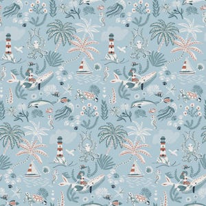 May include: A light blue seamless pattern featuring a whimsical ocean scene. The design includes palm trees, lighthouses, sailboats, mermaids, whales, dolphins, turtles, jellyfish, seahorses, and octopuses. The overall theme is nautical and tropical.