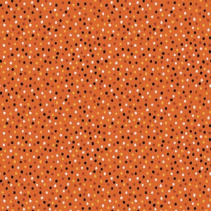 Pode incluir: Um fundo laranja é coberto com um padrão repetitivo de pequenos pontos de forma irregular em branco, preto e tons de marrom e amarelo. Os pontos estão espalhados pela superfície, criando uma aparência texturizada.