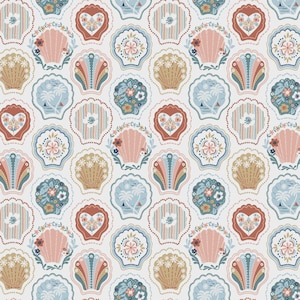 Può includere: Un motivo ripetuto di forme di conchiglie in vari colori, tra cui rosa, blu e oro, su sfondo bianco. Ogni conchiglia è decorata in modo unico con disegni floreali e a righe, creando un'estetica stravagante e decorativa.