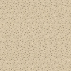May include: Tan fabric with a repeating pattern of small brown horseshoe shapes and tiny dots. The horseshoe shapes are evenly spaced across the fabric, creating a consistent and textured design. The fabric has a neutral color palette.