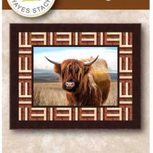 Może przedstawiać: Wzór na patchwork przedstawiający krowę szkocką w brązowej ramie z geometrycznym wzorem. Wzór nosi nazwę "Ginger" i jest częścią kolekcji "Needle in a Hayes Stack". Wzór ma 50 cali wysokości i 66 cali szerokości.