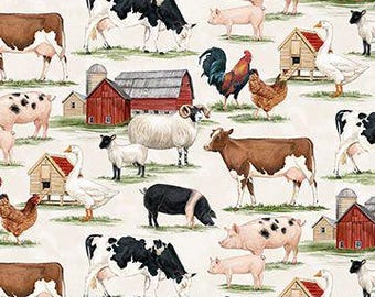May include: Fabric with a farm animal pattern. The design features cows, pigs, sheep, chickens, geese, and barns in a repeating pattern. The fabric is white with a ruler along the bottom edge, marked in inches.