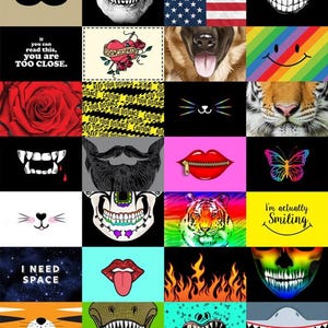 May include: A collage of various images, including a skull, American flag, a smiling mouth, and text that reads "If you can read this, you are TOO CLOSE." Other images include a rose, a tiger's nose, and a butterfly.