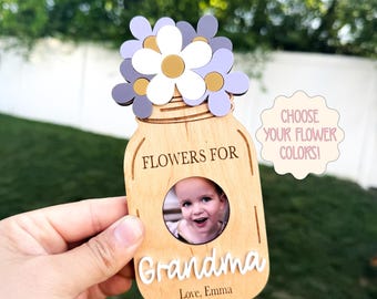 Personalized Mom Photo Magnet Frame | Mother's Day Gift | Custom Mason Jar Flower Photo Frame For Grandma