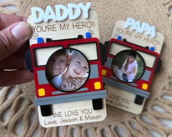 Personalized Firetruck Magnet Picture Frame | Custom Gift For Dad | Father's Day Ideas From Kid