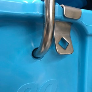 Small Cooler Lock Bracket for Yeti-Roadie 20 and RTIC 20 coolers; Made of Polished Stainless Steel in Kansas City, USA