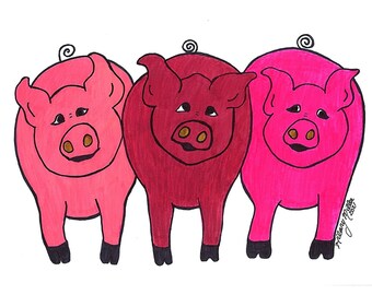 May include: Three cartoon pigs in shades of pink and red stand side-by-side against a white background. Each pig has a curly tail and a smiling expression. The artwork is a whimsical illustration.