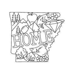 May include: Black and white outline of the state of Arkansas, filled with iconic imagery. Includes mountains, trees, an apple, a football, a fish, a diamond, a hog, cotton, and the word "HOME".