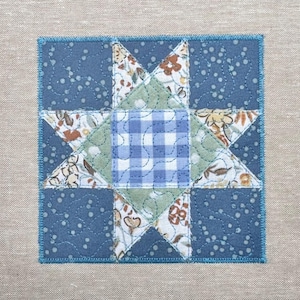 Peut inclure: Un bloc d'étoile matelassé carré dans les tons de bleu, de vert et de motifs floraux. Le centre présente un motif vichy bleu et blanc, entouré de triangles verts et de pointes d'étoiles avec du tissu floral. La bordure extérieure est en tissu bleu à pois.