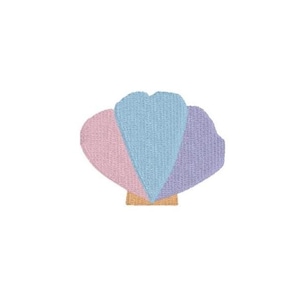 May include: A pastel-colored seashell design featuring three heart-shaped sections in pink, blue, and purple. The seashell has a textured appearance and a small, tan base, set against a white background. This design is suitable for embroidery or applique.