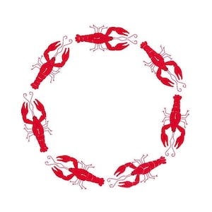 May include: A circle of red crawfish or lobsters arranged around a white background.