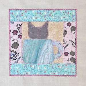 Cat Quilt Block Applique, zig zag edge boarder, machine embroidery, 5,6,7,8,9 inch hoop