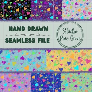 May include: A digital file showcasing a variety of seamless patterns with colorful hearts and speckles on different colored backgrounds. The text "HAND DRAWN SEAMLESS FILE" and "Studio Pine Grove" are also visible.
