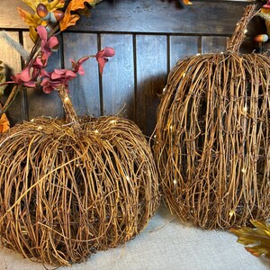 Pair of large wicker Pumpkins with Led lights - Rustic Halloween Home Decor- Autumn Props- Pumpkin Patch- Dark Wood Halloween Ornaments