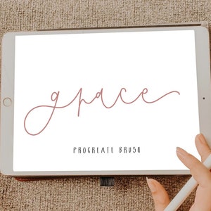 May include: A digital drawing of the word "grace" in a cursive script, written in a light pink color on a white background. The text "Procreate Brush" is written in black below the word "grace".