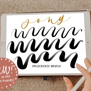May include: A digital illustration of a Procreate brush on a tablet screen. The brush is used to create a wavy, flowing line. The text "Procreate Brush" is visible on the screen.