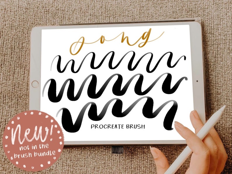 May include: A digital illustration of a Procreate brush on a tablet screen. The brush is used to create a wavy, flowing line. The text "Procreate Brush" is visible on the screen.