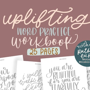 Pode incluir: Um download digital de um caderno de exercícios de 25 páginas para praticar caligrafia. O caderno de exercícios apresenta as palavras "uplifting", "your purpose is too big", "I will walk by faith", "you are beautiful for you are fearfully" e "up to no good". O caderno de exercícios também inclui fontes de pincel gratuitas para "Esther, Ruth, & Luke".