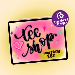 May include: A digital tablet screen displaying the text "tee shop" in black cursive lettering over a pink gradient background. The screen features colorful star icons, a pink heart, and a purple circular badge stating "13 brushes/stamps".